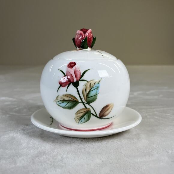Lefton Handpainted Jelly/Jam Dish, Americana Rose Design 5”x 5” w/o Spoon Chrty - Picture 4 of 14